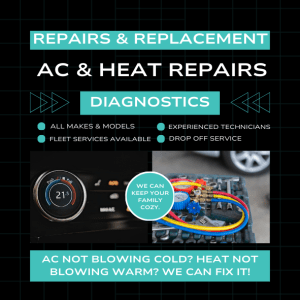 Promotional image for AC and heating repairs featuring a temperature control dial and colorful refrigerant hoses, with text highlighting services and diagnostics.